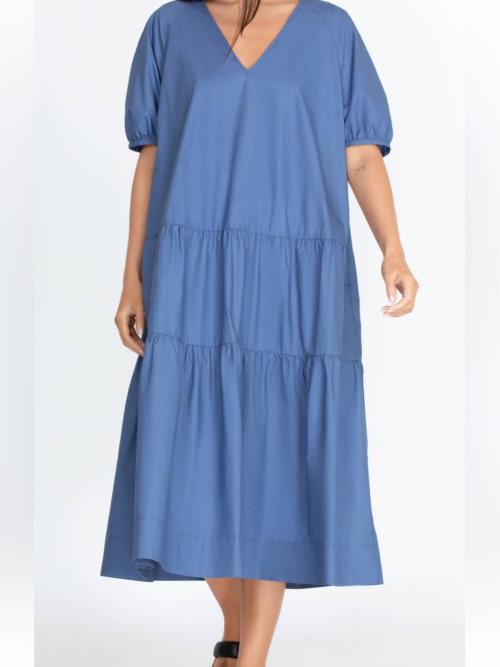 Relaxed V-Neck Blue Tiered Maxi Dress